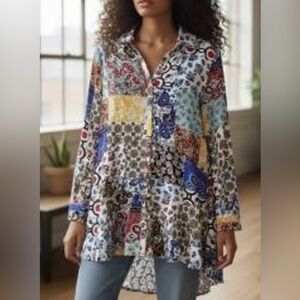 FOR THE REPUBLIC Shirtdress sz2X  Patchwork Floral Hippie Feminine Tunic